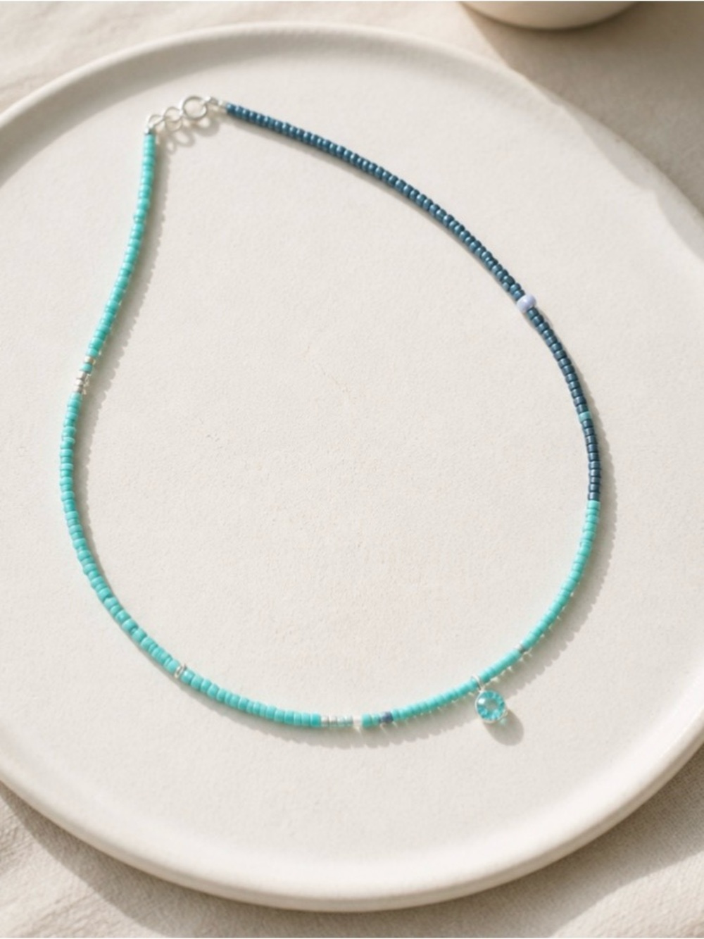Two-Tone Turquoise Beaded Necklace with Drop Charm - Women Jewelry